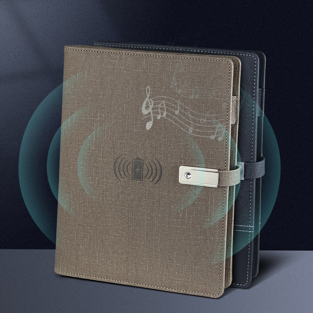 Functional Business Smart Notebook Leather Substance Power Bank Wireless Charger Custom Brand With USB Flash Drive Set