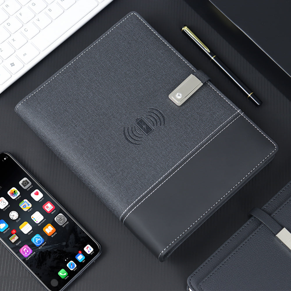 Functional Business Smart Notebook Leather Substance Power Bank Wireless Charger Custom Brand With USB Flash Drive Set