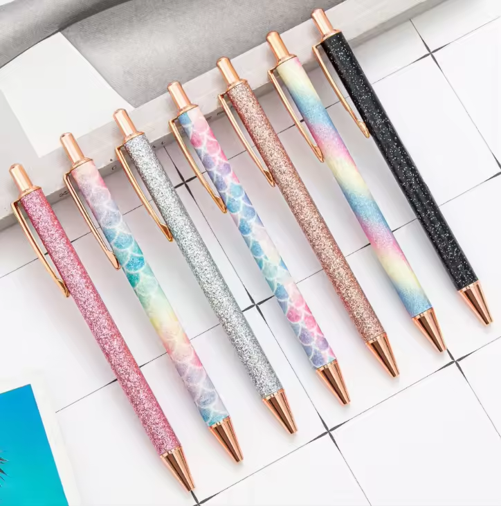 New Design Colorful Writing Click Metal LuxuryGift Pen Promotion Fashion Glitter Metal Ball Pen With Logo